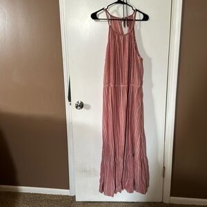 Red and beige pinstriped maxi dress.